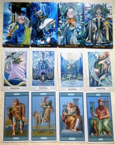 The Court cards for the cups in the Tarot Illuminati (top), Thoth Tarot (middle), and the Michelangelo Tarot (bottom)